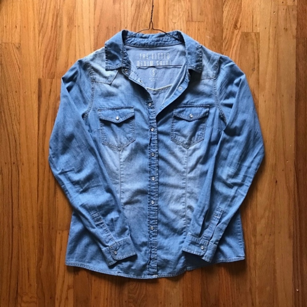 Denim Shirt, Button Up Medium Light Wash Blue